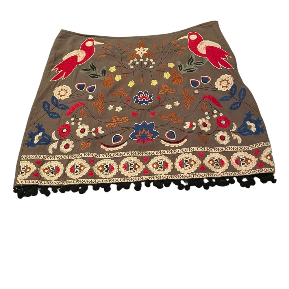 Altar’d State Embroidered Bird Floral Boho Mini Skirt Pom Pom Hem Festival Ready